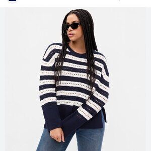 Gap 24/7 Split Hem Crochet Blue and White Stripped Sweater